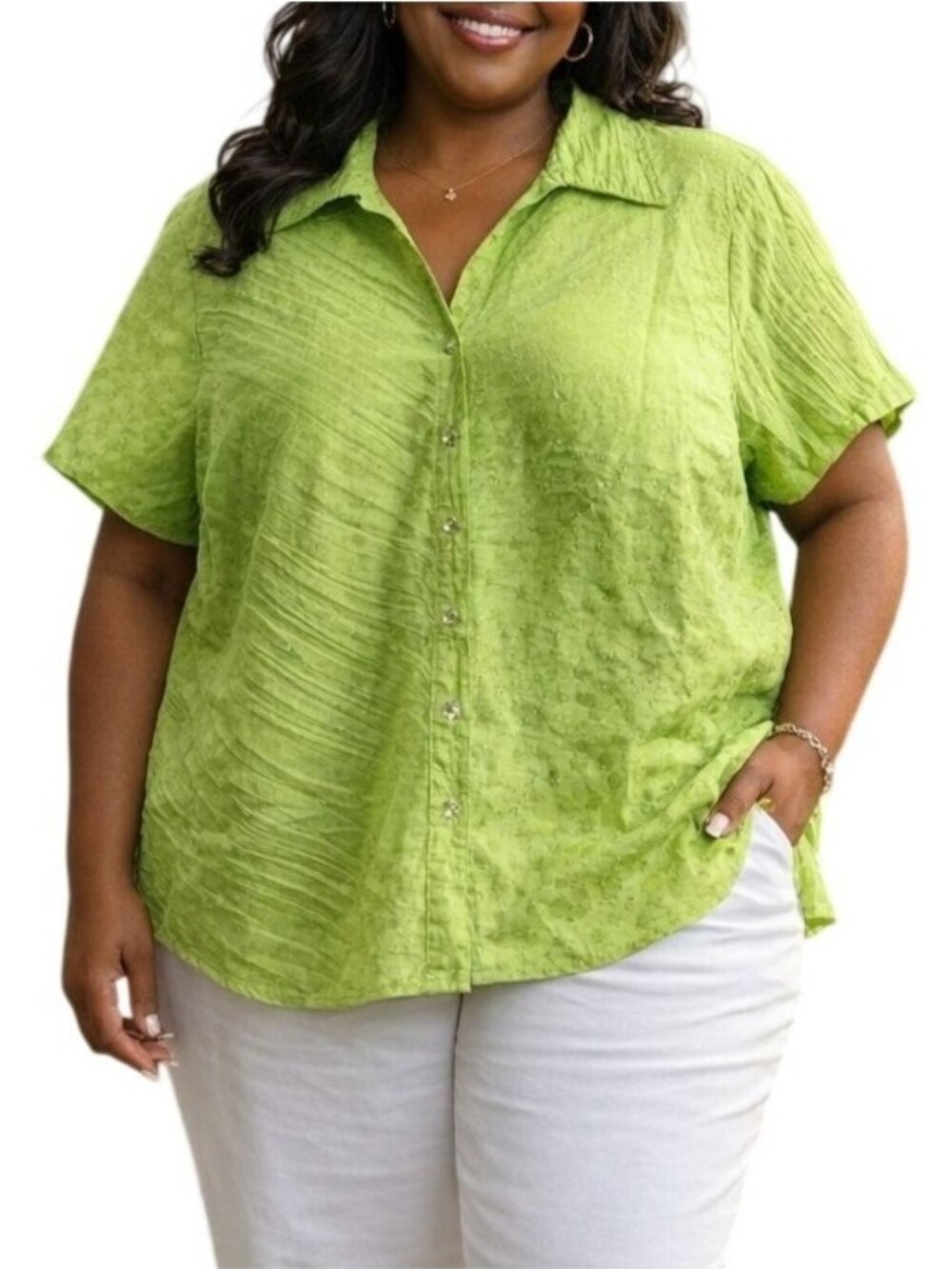 Blue Diamond Plus Size 2X Top Button-Down Green Textured Stripe Sparkle Accents